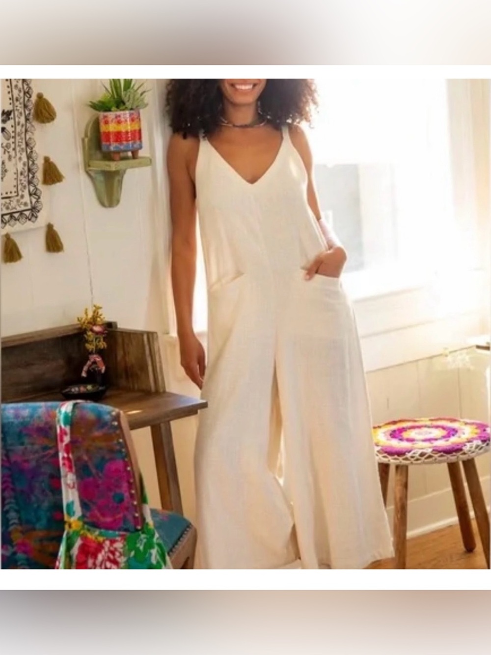 NATURAL LIFE Chelsea Cream V-Neck Wide-Leg with Pockets Jumpsuit Size M